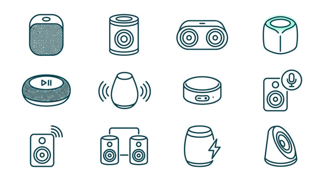 Portable bluetooth speaker and audio equipment icon set.