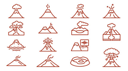 Fototapeta premium Set of brown outline volcano and seismic activity icons.