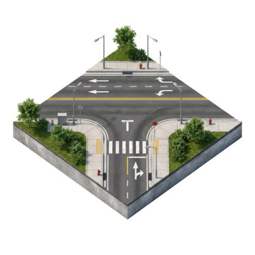 Isolated isometric tile of a city road intersection featuring asphalt streets, sidewalks, crosswalks, streetlights, and green trees on a transparent background.