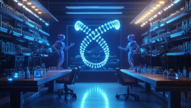A biotech laboratory with blue neon lights, long wooden tables, and shelves filled with vials of liquid on the sides. In front is an enormous double helix model glowing in light