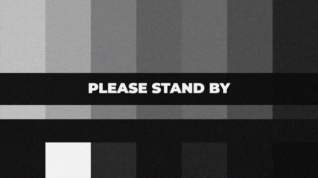 Please Stand By Television Test Pattern with Color Bars, Snowy Static and TV Signal Glitch Error. 4K Animation Video