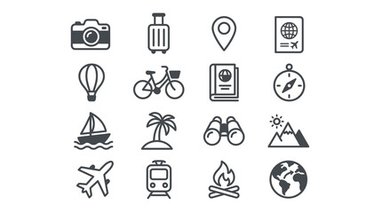 Fototapeta premium Black solid travel and vacation icon set.