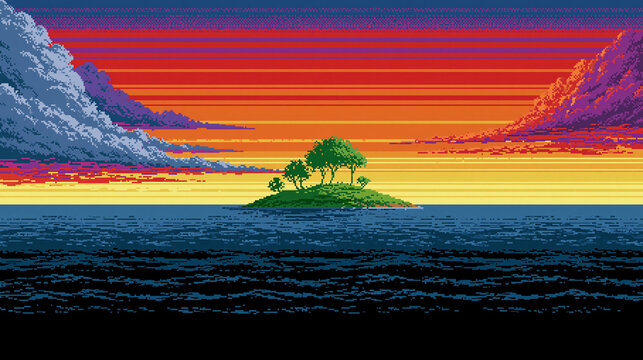 Pixel art tropical island with trees in middle of ocean at sunset gradient sky 8-bit retro video game style landscape background.