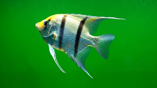 Angelfish Swimming Gracefully Against Bright Green Background, Ideal For Marine Themes And Aquatic Photography