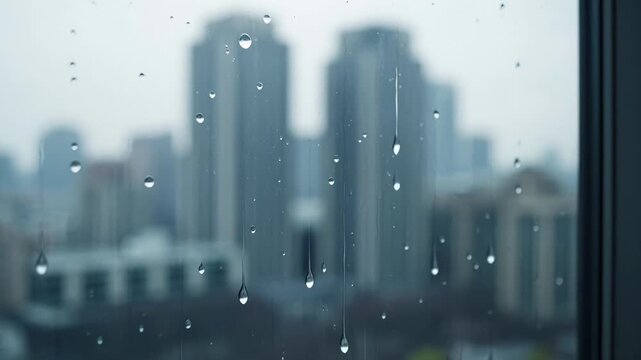 ?Raindrops gently falling on window with blurred cityscape in background
