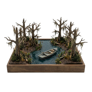 Miniature swamp diorama featuring a wooden rowboat floating in murky water, surrounded by dead trees, moss, and muddy terrain inside a wooden frame.