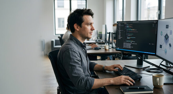 Professional software developer working on computer code and software development in a modern office environment.