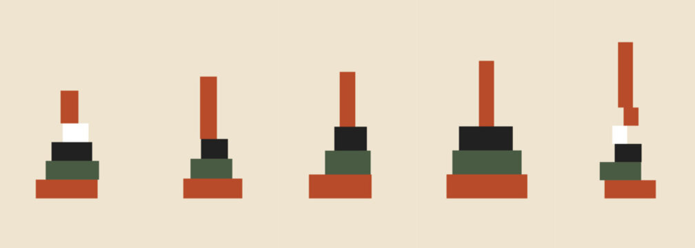 Minimalist graphic illustration showing five distinct geometric stacking block towers in sequence