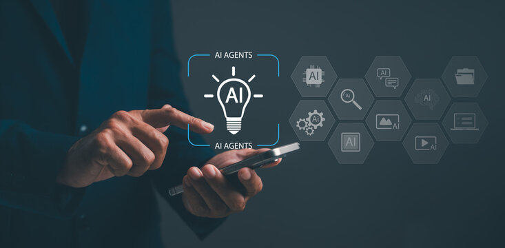 A person interacts with a smartphone displaying AI-related icons and graphics, symbolizing artificial intelligence and technology integration.