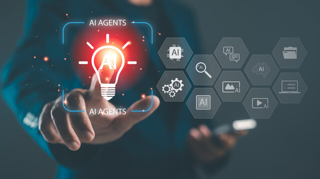 A person interacts with a digital interface highlighting AI agents and artificial intelligence concepts through futuristic light icons and holograms.