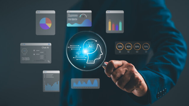A person holding a magnifying glass focusing on an AI brain icon, surrounded by various digital data charts and graphs on a dark background.