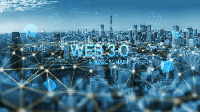 Futuristic Cityscape with Web 3.0 and Blockchain Concept Visualization Overlaid on Urban Skyline and Digital Network Connections. Entropy.