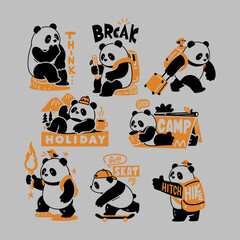 Obraz premium Cute Panda Adventure Collection, Flat Cartoon Animal Travel and Camping Sticker Set