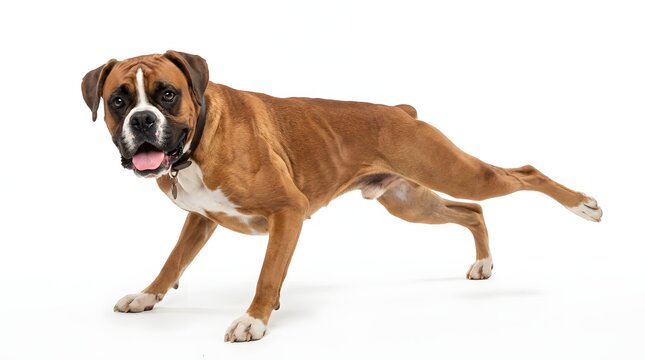 Brown boxer dog in motion isolated on white background playful active pose