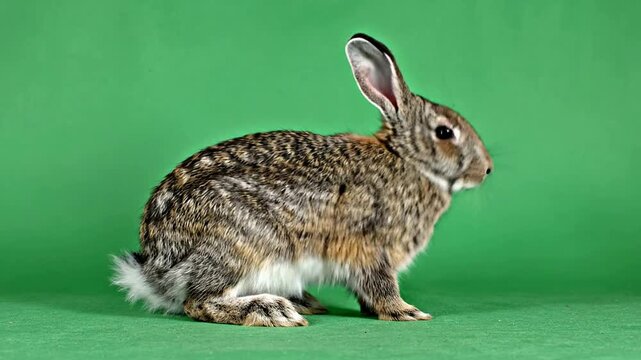 Close-Up Of A Brown Rabbit Against A Bright Green Background In A Studio Setting Showcasing Texture And Posture For Pet-Related Themes
