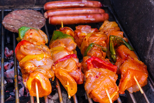 Grilled Chicken Kebabs on a Charcoal Grill With Bell Peppers, Sausages, and a Burger Patty
