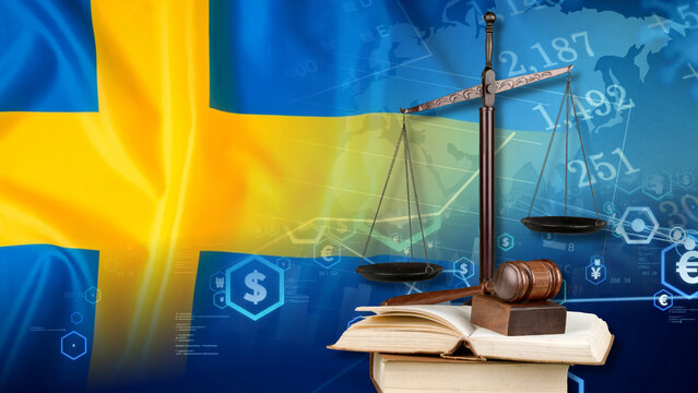 The Swedish financial and legal data display features the Sweden flag, a scale of justice, a judge gavel, and open law books to show the economic impact of Sweden's trade laws, financial regulations