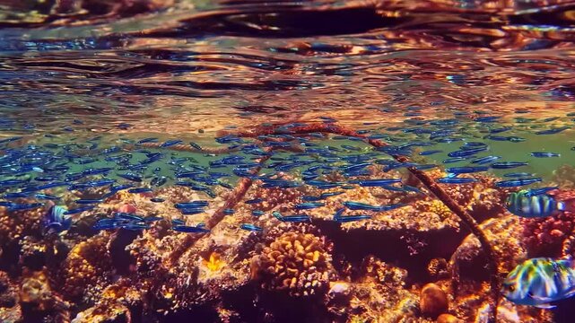 School of blue fish and sergeant major fish swimming over a colorful coral reef ecosystem