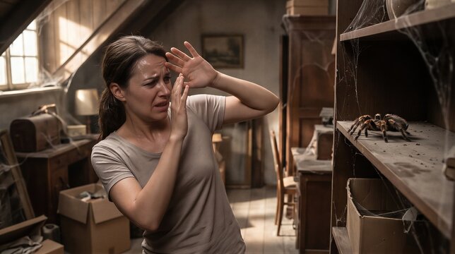 Woman terrified of a large spider in a dusty attic. Arachnophobia concept showing fear and panic reaction to a bug. Psychological health and mental disorder, emotional distress theme.
