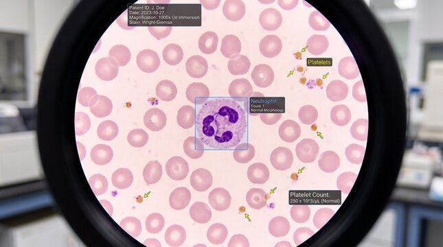 Blood Smear Analysis Under Microscope for Hematology and Medical Research