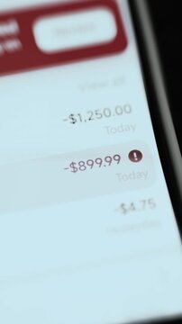 vertical transaction list highlights 899.99 usd flagged charge