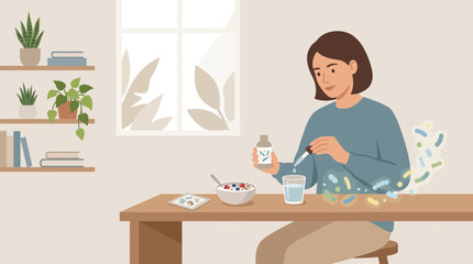 Fototapeta premium Woman adding drops to cereal, healthy gut bacteria concept