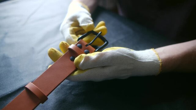 Meticulous artisan wearing work gloves carefully checking the quality of a newly crafted brown leather belt with a black buckle, showcasing the final stages of the handcrafted production process