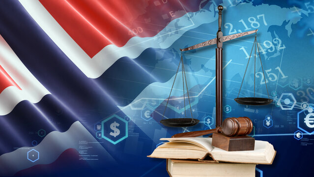 The Norwegian financial and legal data display features the Norway flag, a scale of justice, a judge gavel, and open law books to show the economic impact of Norway's trade laws, financial regulations