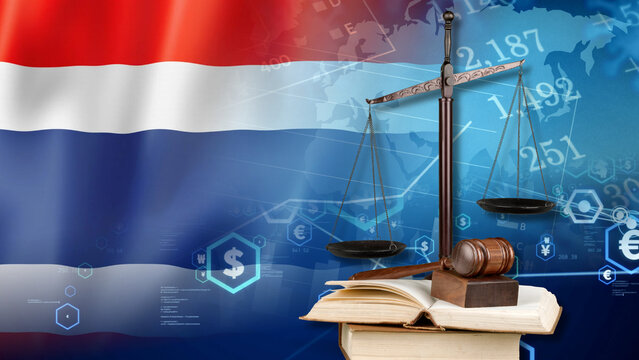 The Thai financial and legal data display features the Thailand flag, a scale of justice, a judge gavel, and open law books to show the economic impact of Thailand's trade laws, financial regulations