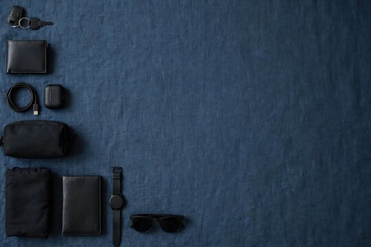 Flat lay of mens accessories arranged on a dark blue textured background.