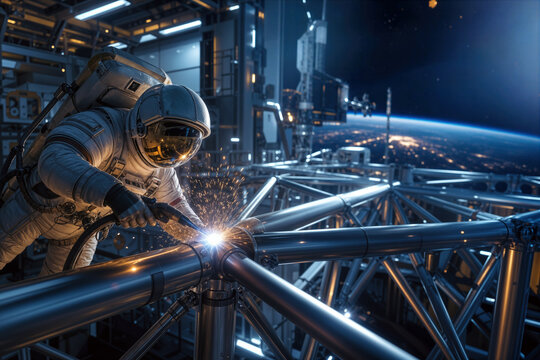 Orbital welding milestone on commercial space station with astronaut welder repairing truss in zero gravity orbital workshop aerospace manufacturing innovation