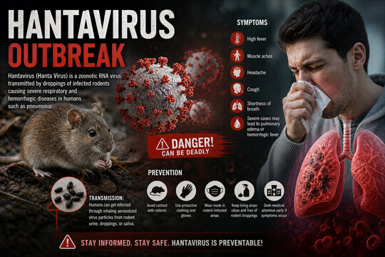 Hantavirus outbreak Hanta Virus zoonotic RNA virus transmitted by rodent droppings causing severe respiratory pneumonia hemorrhagic disease public health warning prevention symptoms infographic
