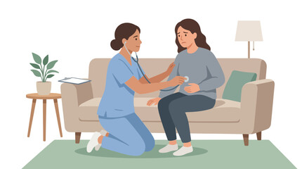 Obraz premium Nurse examining pregnant woman with stethoscope on sofa