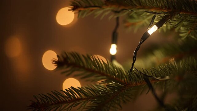 A close-up of Christmas tree branches with string lights twinkling on and off in a gentle sequence, soft pine needle texture visible, warm bokeh in the background, seamless loop.