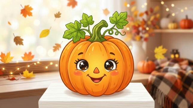 Smiling cartoon pumpkin with green leaves on autumn table setting