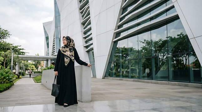 Elegant muslim woman wearing beautiful hijab and black dress standing outside modern building