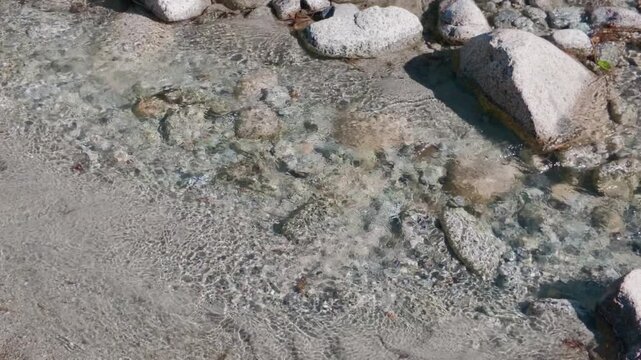 River water mountain stones rocks, gimbal stabilizer shot. Close up top down view moving from left to right tracking crystal clear stream flowing over pebbles.