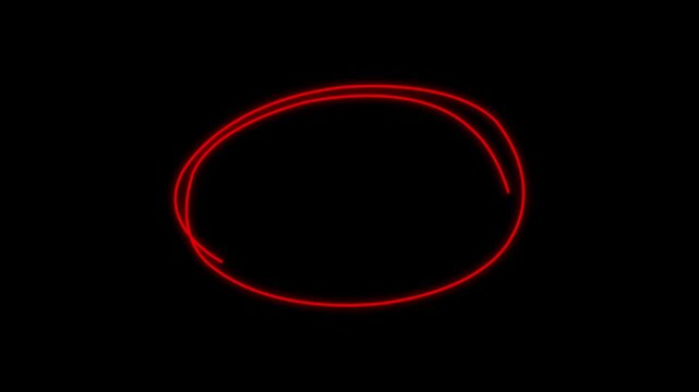 Hand draw oval frame circle mark animation, Hand written red circle. For marking text, numbers, marker pen, pencil, logo, hand drawn doodle grunge circle highlights with black background 4k video.