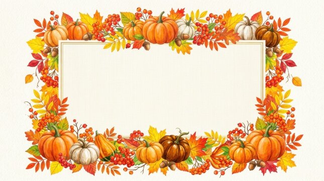 Autumn border with pumpkins and colorful leaves decorative frame