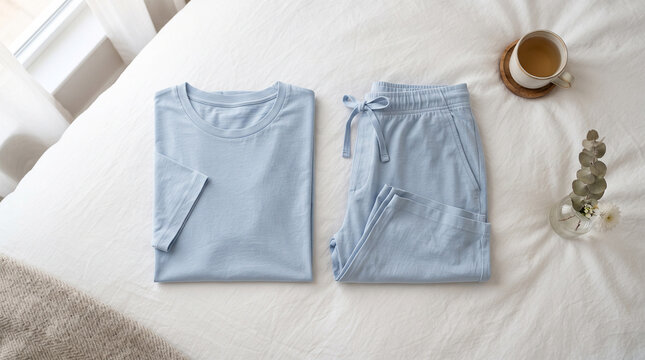Light blue loungewear set mockup folded on white bed sheet with coffee cup top view flat lay
