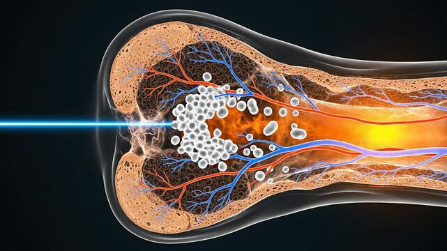 Detailed Osteomyelitis Concept Illustration Showing Bone Inflammation With Blood Vessels And Cellular Activity In Vibrant Colors Against A Dark Background