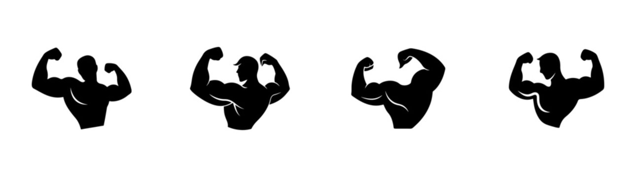 muscular bodybuilder silhouettes flexing arms in dynamic workout poses isolated on transparent background