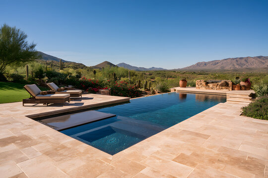 A pool deck in Arizona constructed from travertine tiles, fitting seamlessly into the desert environment, is quite fashionable.