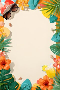 Tropical Beach Party Background with Coconut, Flowers and Refreshing Cocktails