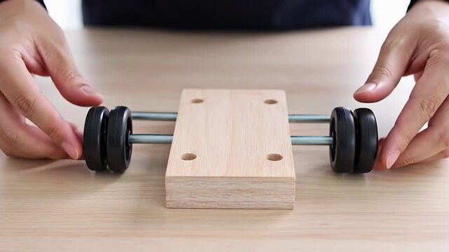 ?Hands building a wooden toy car with wheels on a table diy craftsmanship in action