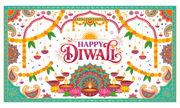 Happy diwali celebration with colorful lights and rangoli