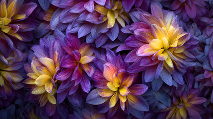Obraz premium Vibrant purple and yellow petal texture composition with displays dense arrangement layered flower petals transitioning bright yellow centers deep violet edges rhythmic pattern