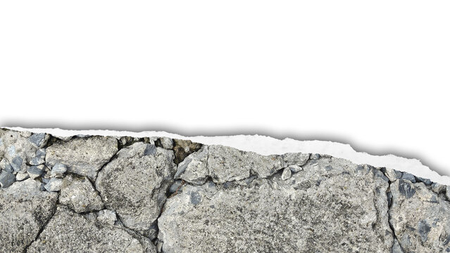 Rough torn paper frame with cement cracked texture and transparent top, isolated design element with large copy space for text, posters, banners, and creative graphic compositions.