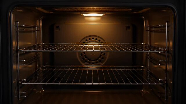 ?Empty oven gradually illuminates from dark to bright: a cinematic transition