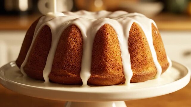 Vanilla bundt cake with thick white icing dripping down the ridges on a white pedestal stand